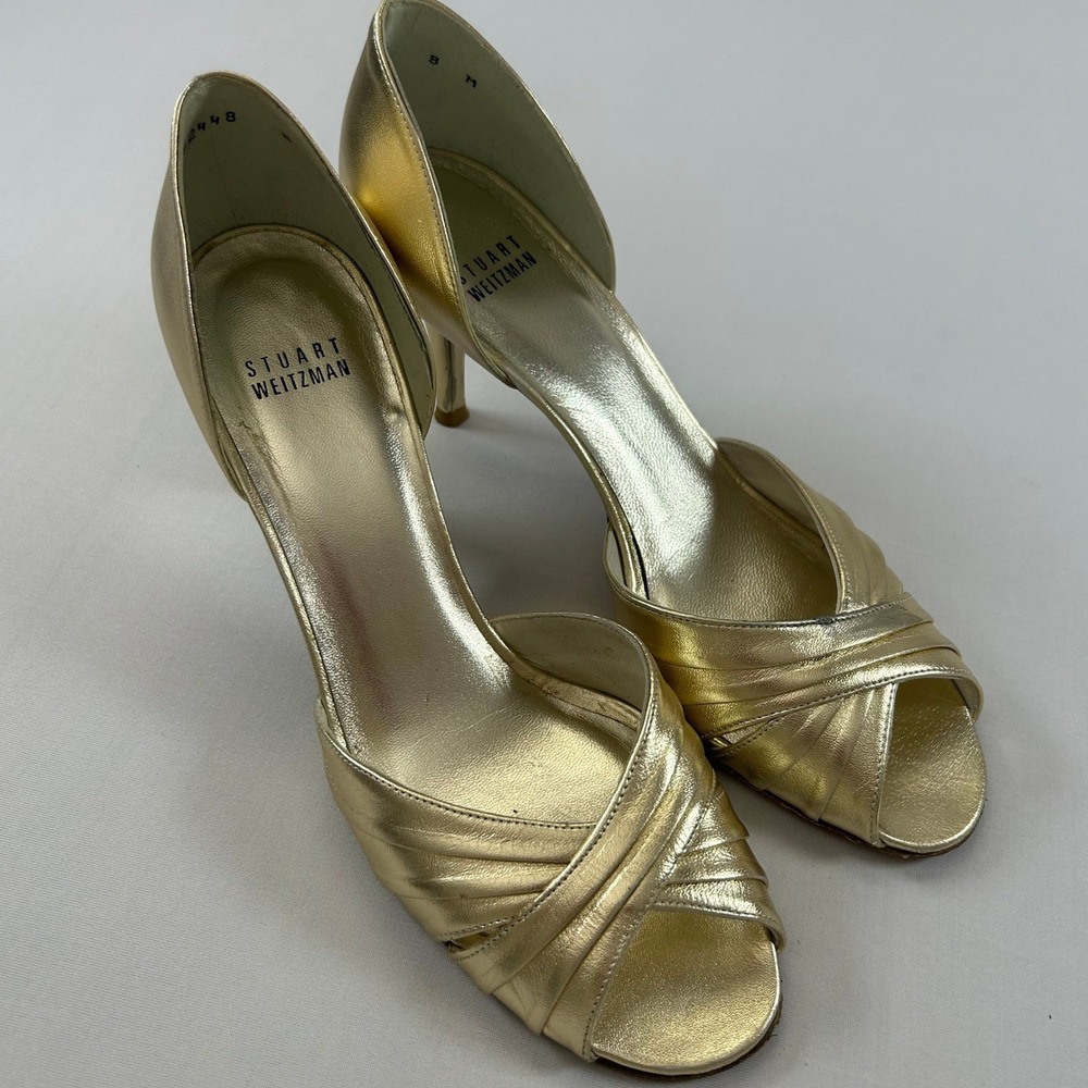 Stuart Weitzman Heels Crissy D'Orsay Womens 8 Gold Leather Peep Toe Pumps